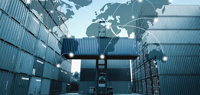 A stylized depiction of shipping containers connected virtually with points around the world
