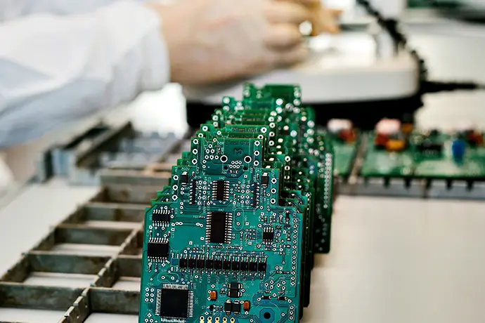 A view of computer chip boards assembled on a desktop for testing